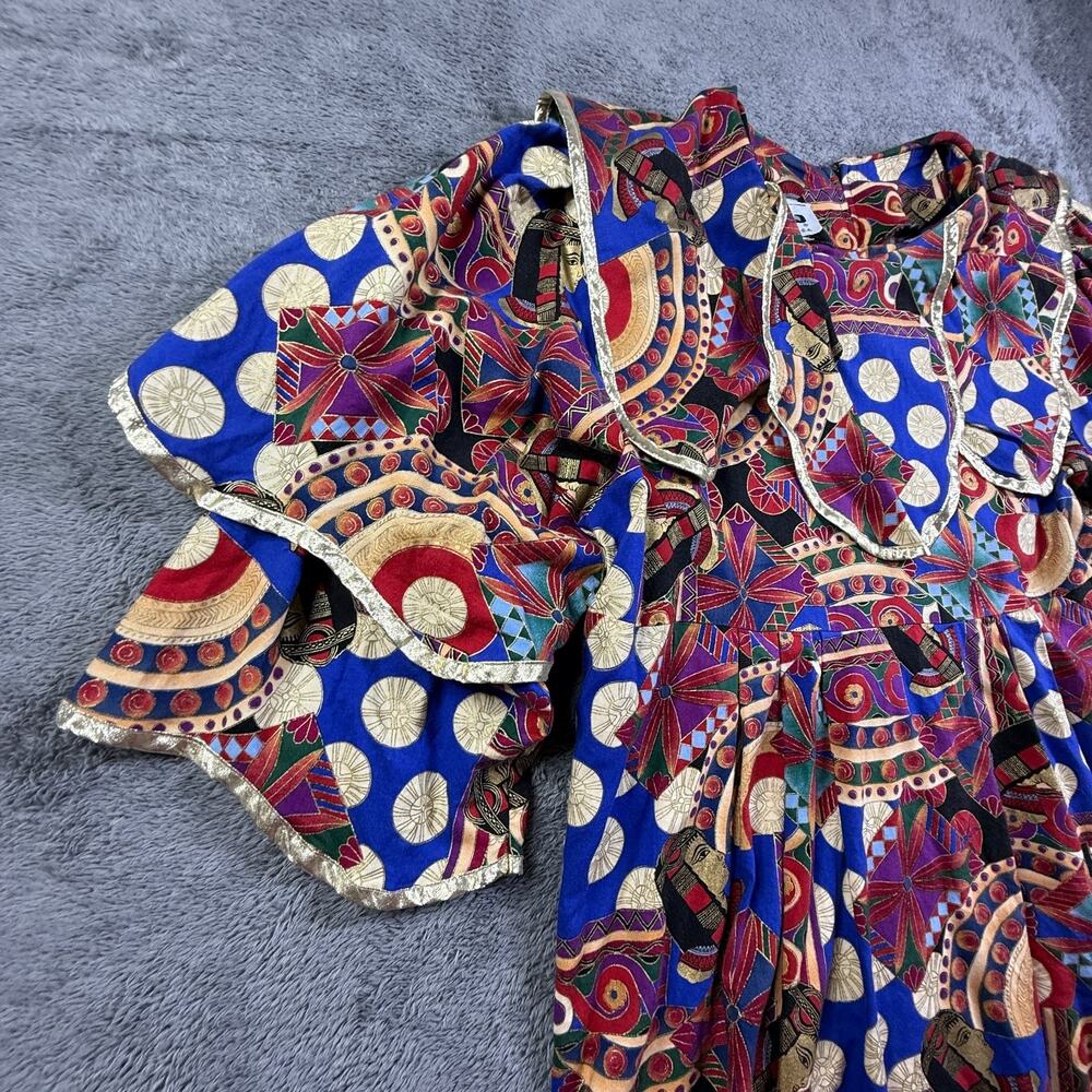 FAD Vtg 80s Womens XL Egyptian Pharaoh Art Print Blouse Tiered Sleeve Top - Picture 4 of 9